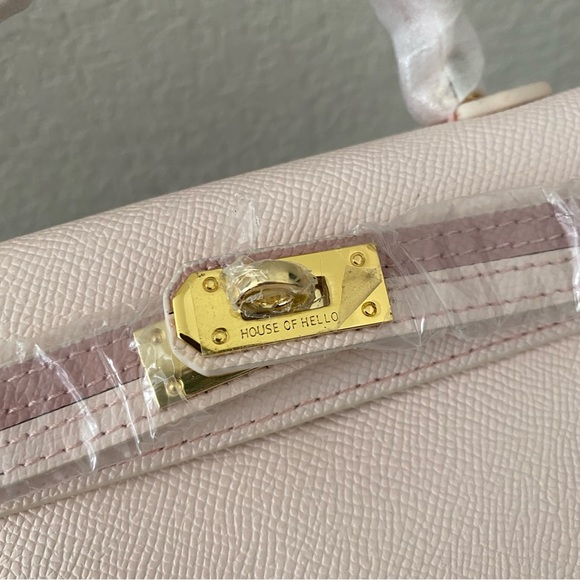 HOUSE OF HELLO Epsom Light Pink Leather Gold Satchel Bag Crossbody Dual Strap B4 - Picture 6 of 11